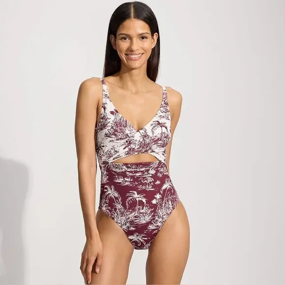 Land's End One piece monokini swimsuit adjustable egret burgundy scenic mix Var - Picture 2 of 7